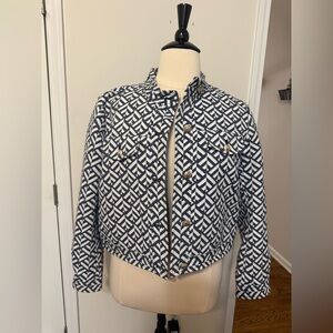 Ann Taylor Geometric Navy and White Cropped Jacket